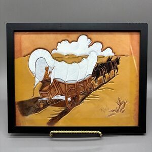 Vintage Hand Tooled Leather Wall Art Covered Wagon Western Framed Signed 9x12